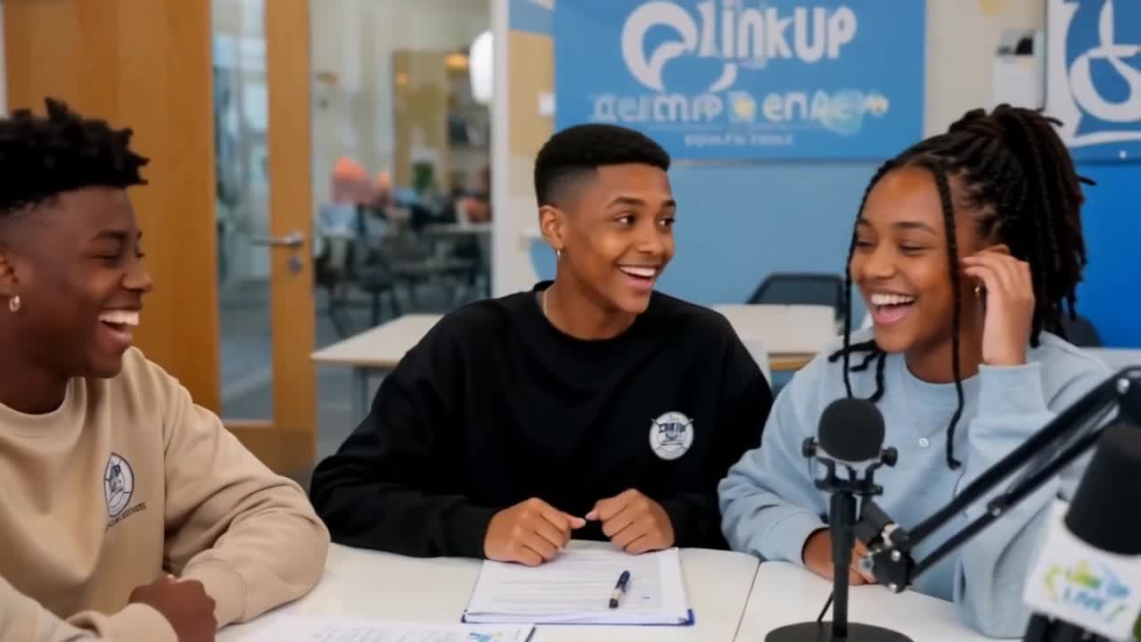Illustrative scene of young people laughing and collaborating around podcast microphones