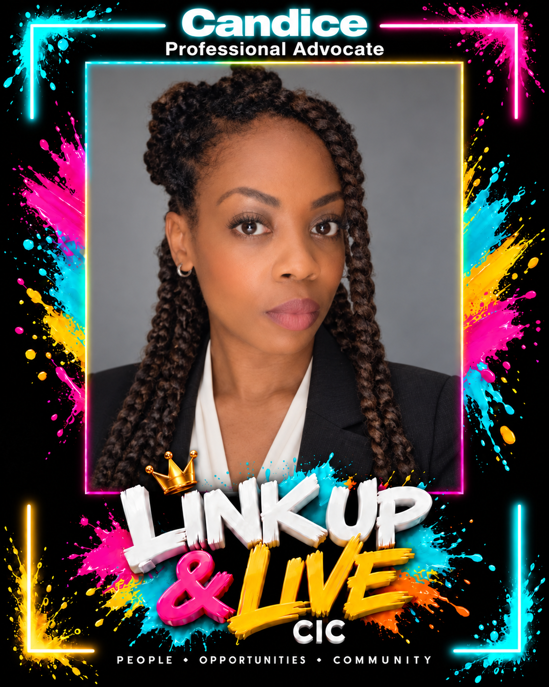Candice, Professional Advocate, in the Link Up & Live frame